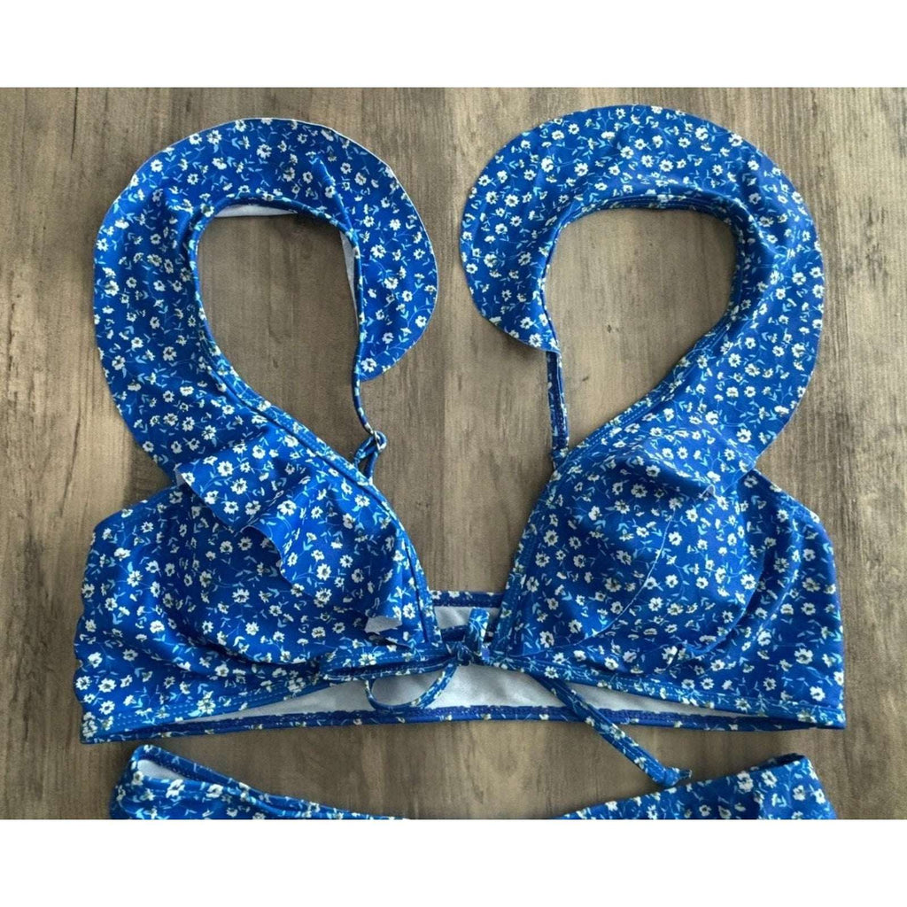 Women's Ruffled Straps Cheeky High Cut Bottom Blue White Flowers Bikini 2Pc Sz M