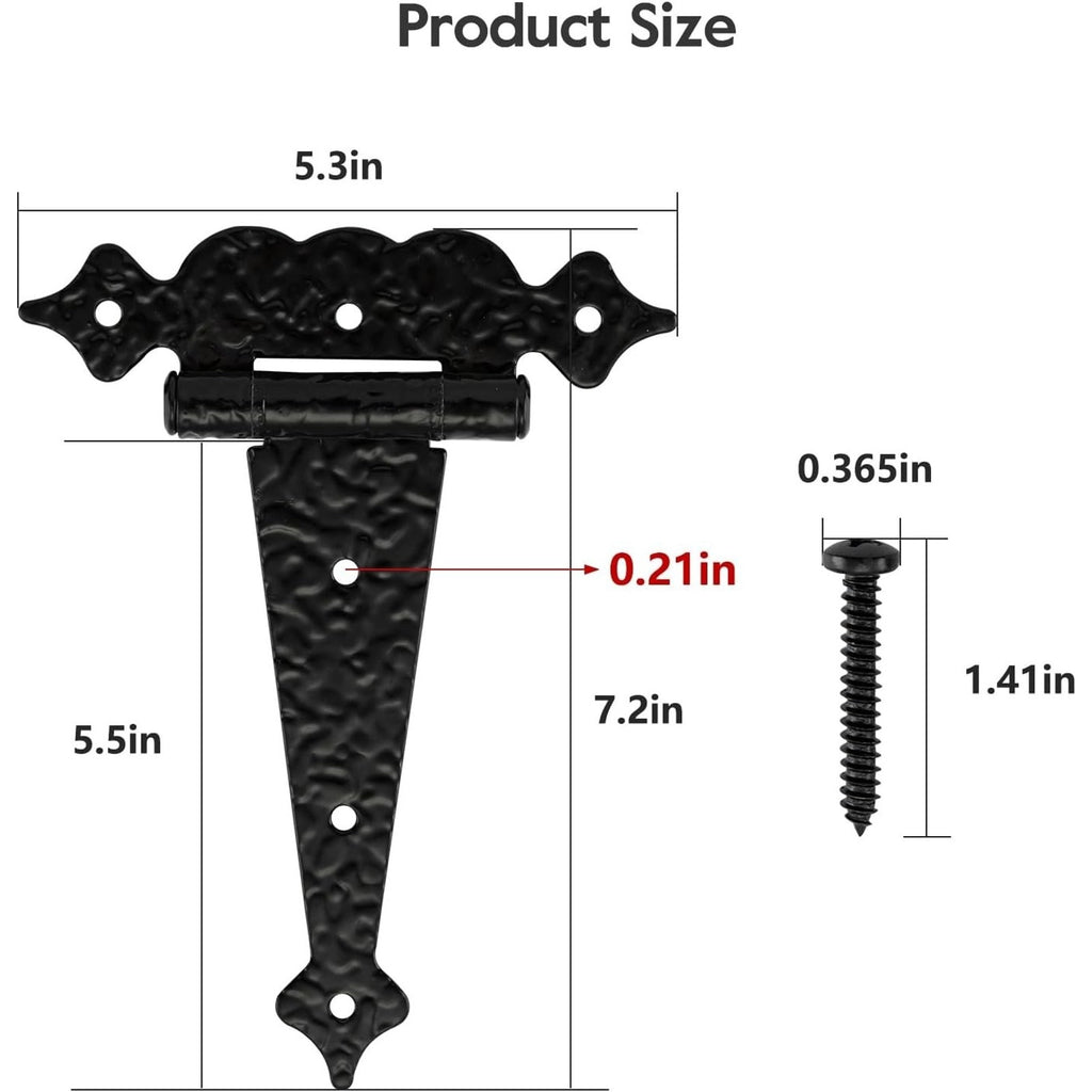 6" Heavy Duty Hammered Black Steel Gate T Hinge Strap Shed, Barn Doors - 6 Pack