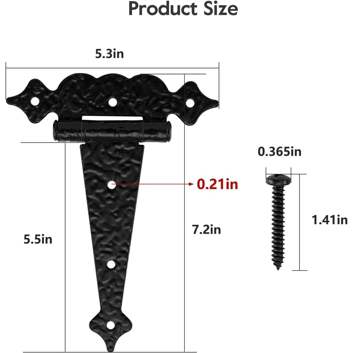 6" Heavy Duty Hammered Black Steel Gate T Hinge Strap Shed, Barn Doors - 6 Pack