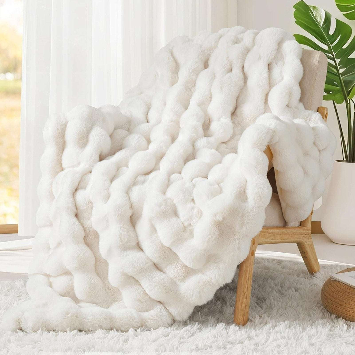 Faux Fur Throw Blanket – Cream White Fluffy Cozy Rabbit Fleece, Plush 50" x 60"