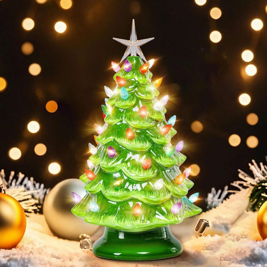 12.2" Ceramic Battery Operated Tabletop Christmas Tree with Multicolored Lights
