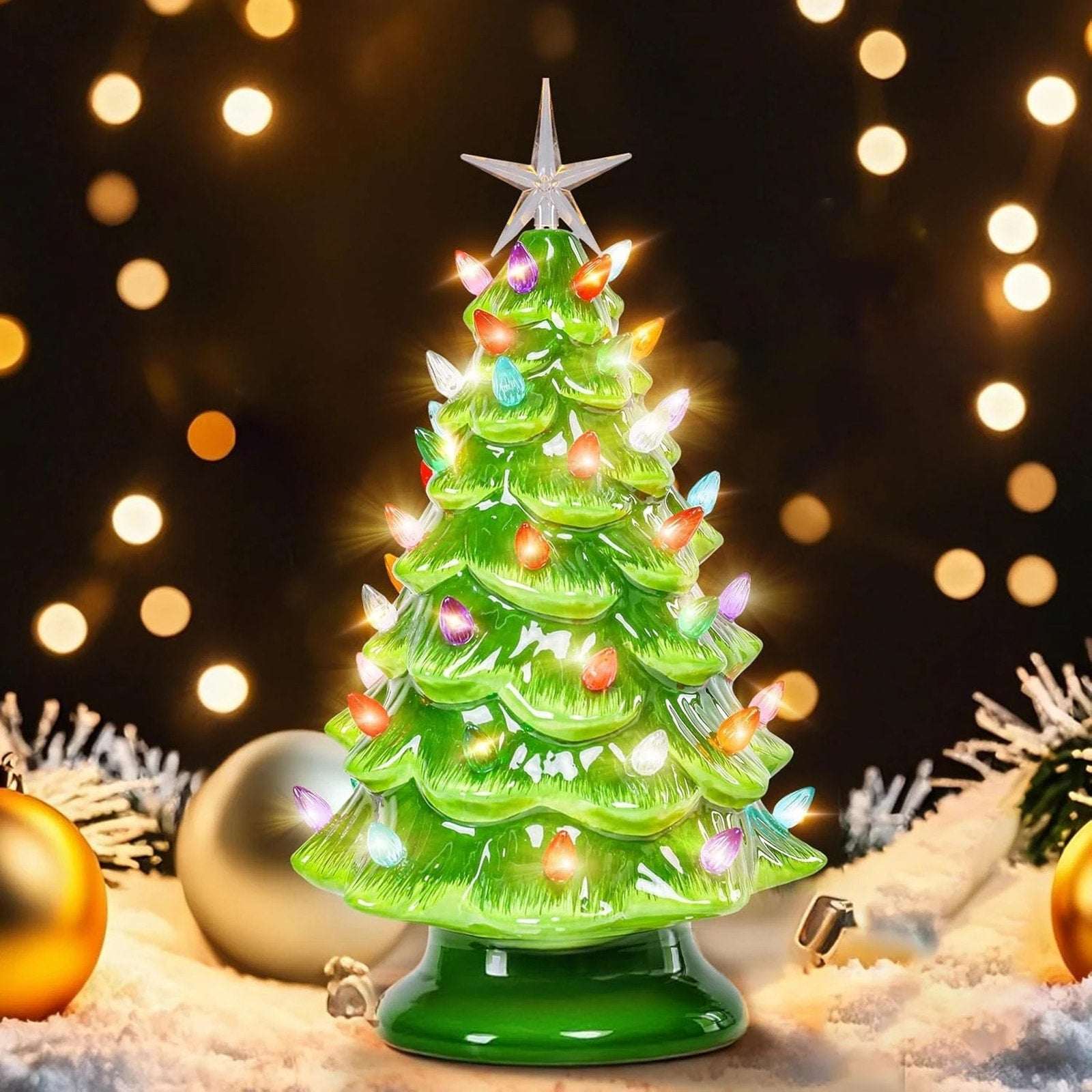 12.2" Ceramic Battery Operated Tabletop Christmas Tree with Multicolored Lights