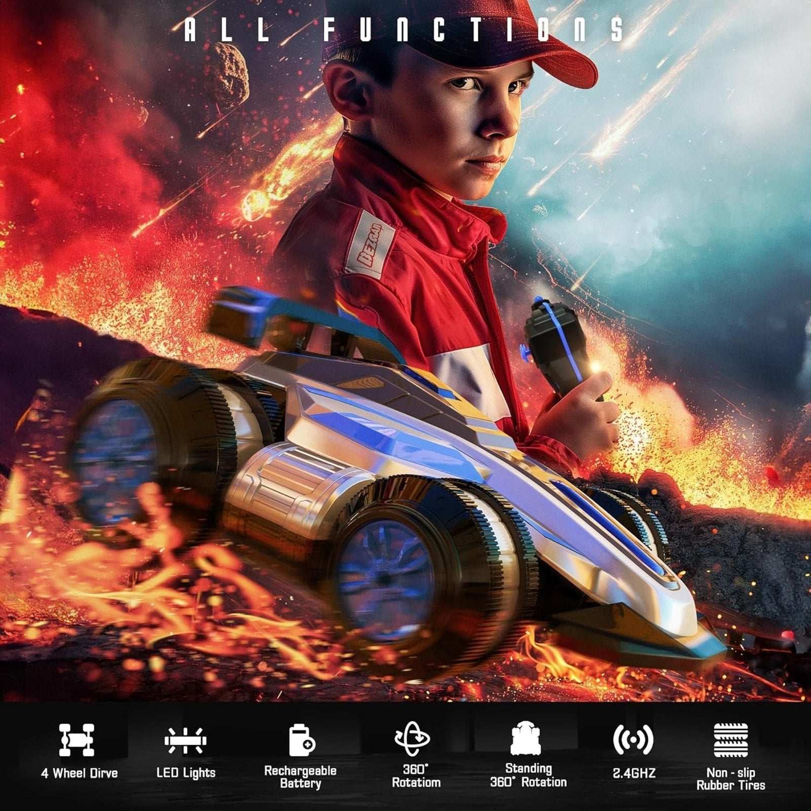 Bezgar 4WD RC Drift Stunt Car 360° Spin, Walking, Music, Lights, Rechargeable,