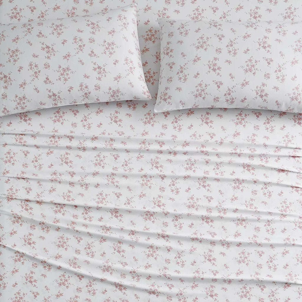 BEARPAW Serene Cooling Queen Sz Sheet Set Morris Dainty Floral Blush Pink/White