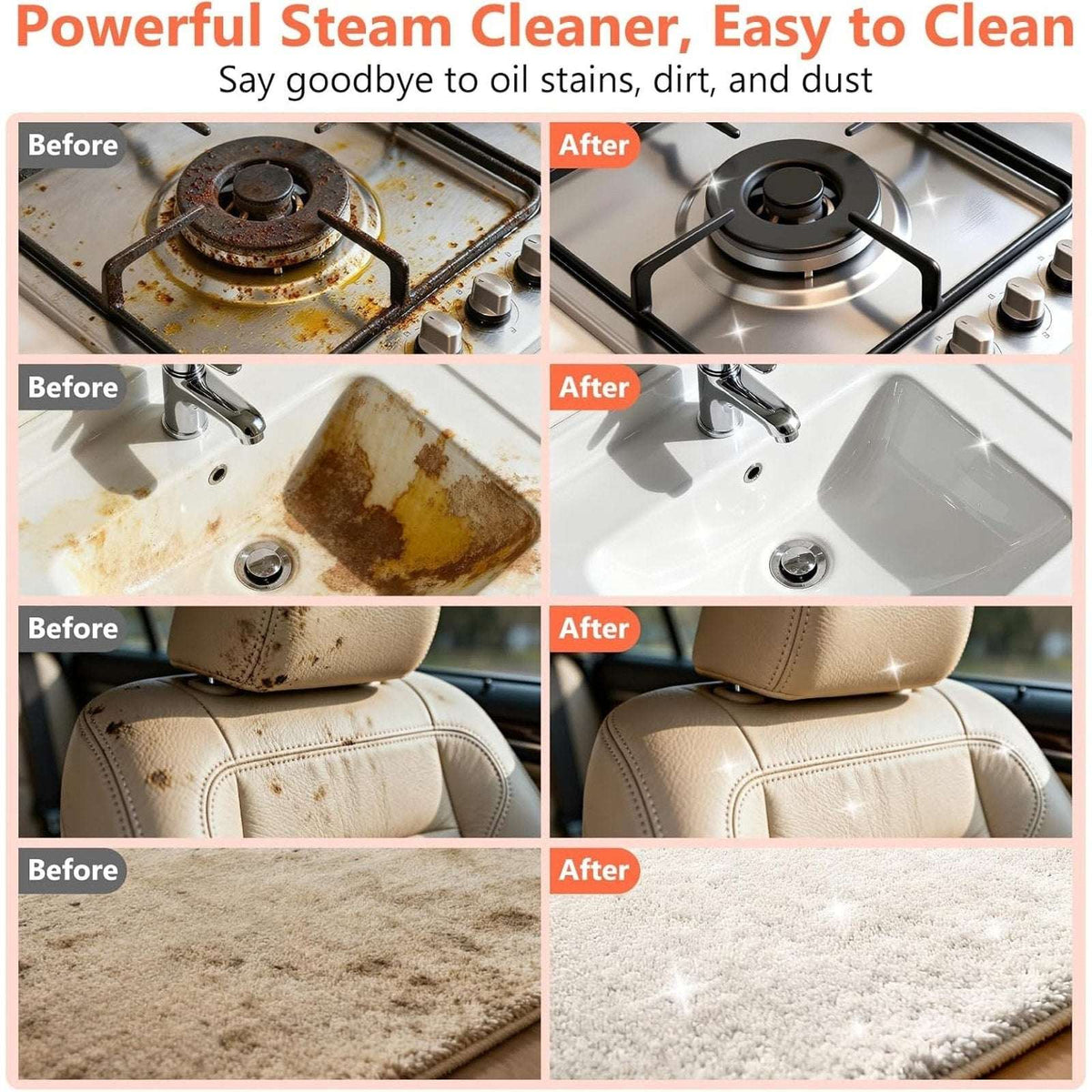 Portable High Pressure Steam Cleaner, 6-Level Adjustable, 15s Heat, 1.25L Tank