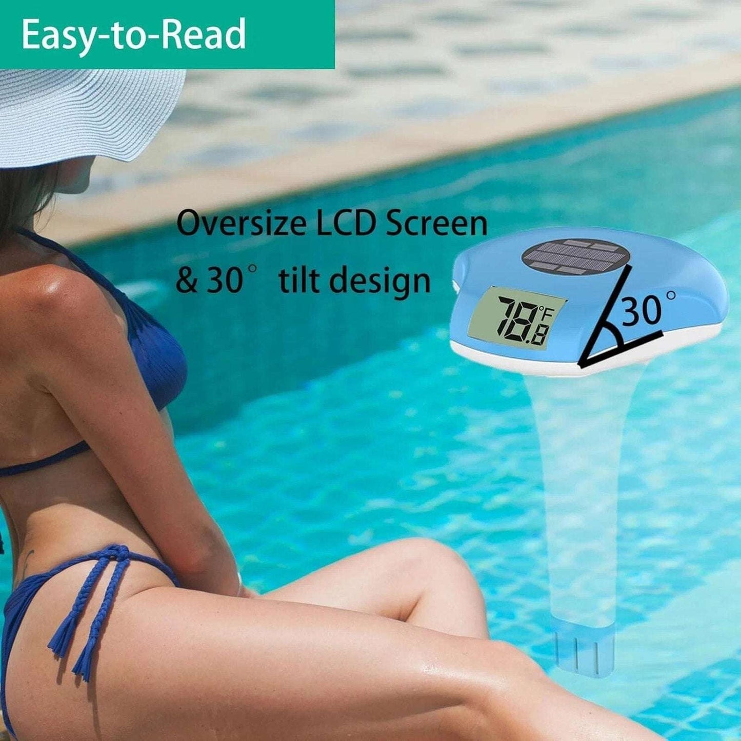 Digital Pool Thermometer Waterproof Solar-Powered Floating Large LCD Display