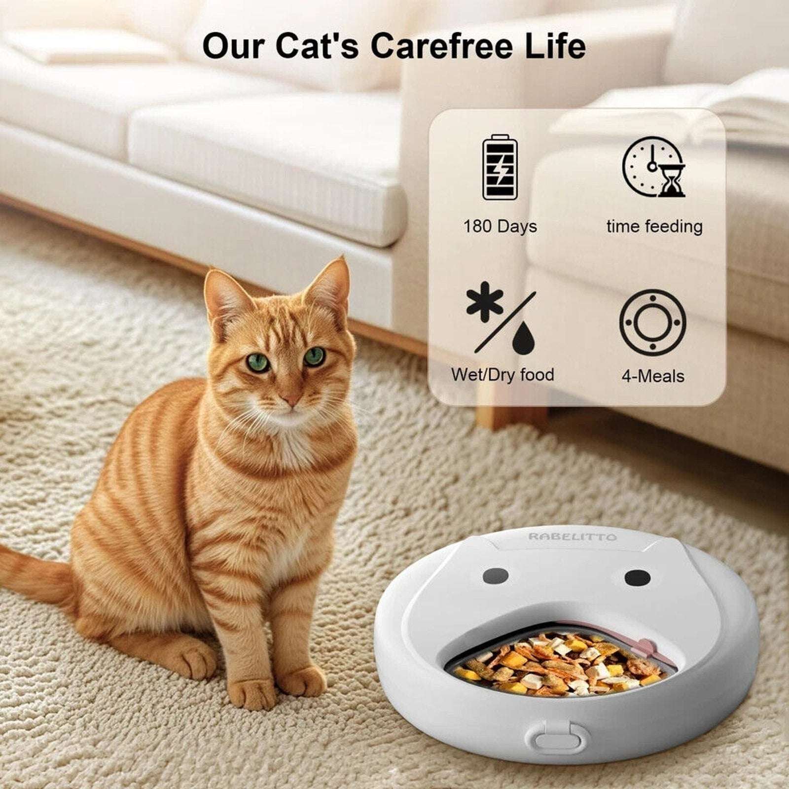 Automatic Cat 4 Tray Feeder Wet/Dry Food Portable Cordless Dog Food Dispenser
