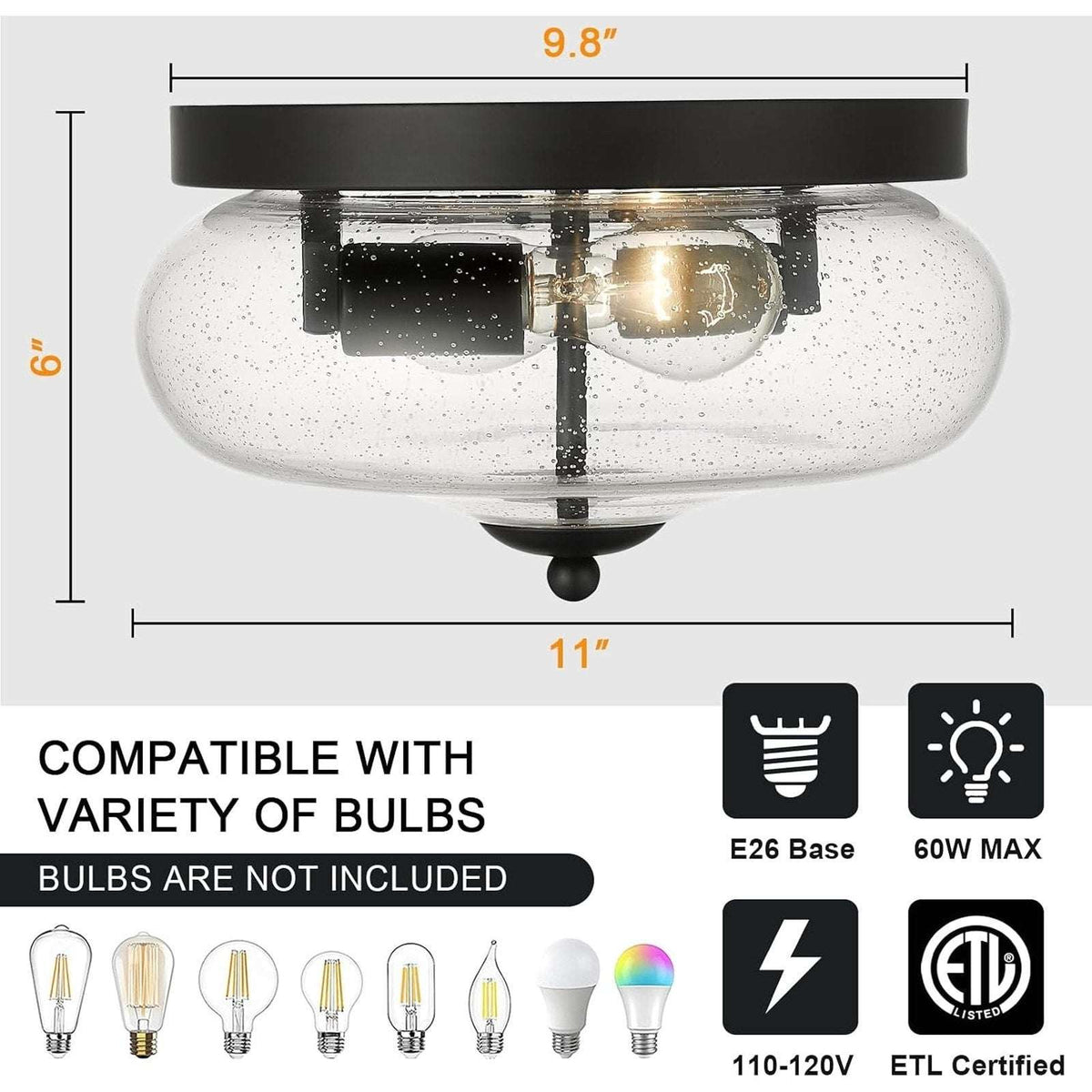 DARKAWAY Ceiling Light Fixture 2-Light Flush Mount Indoor/Outdoor Seeded Glass
