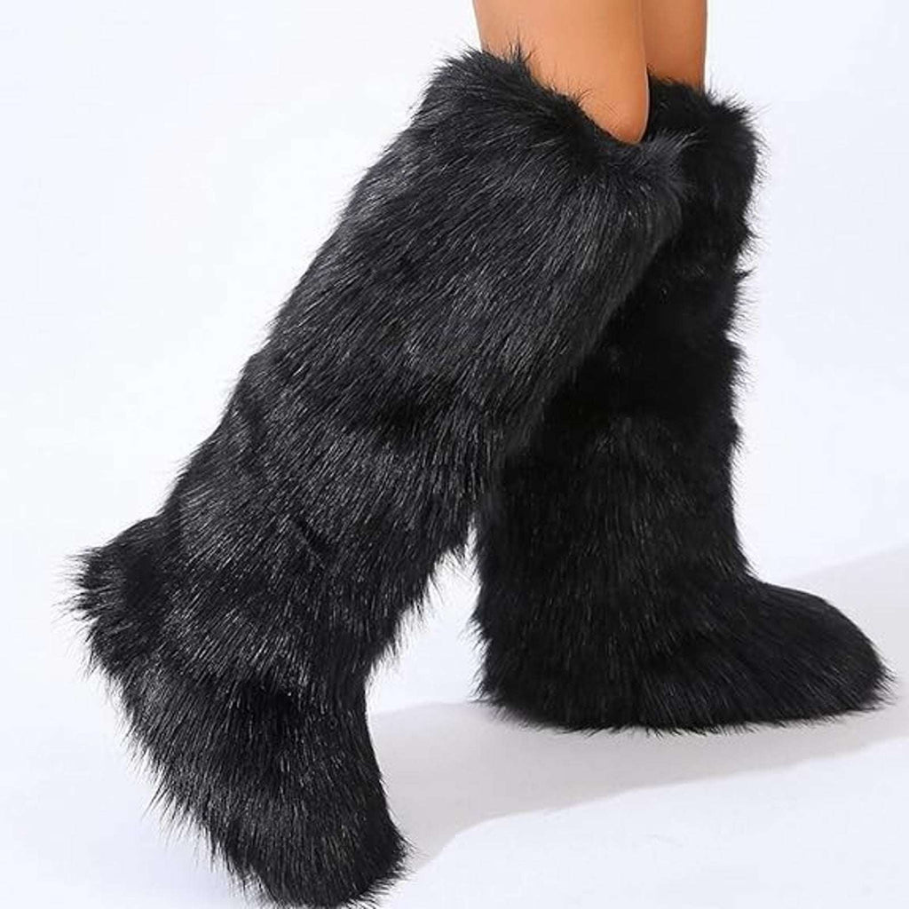 Y2K Rave Shaggy Mongolian Faux Fur Knee High Black Furry Moon Boots Sz 12 Womens