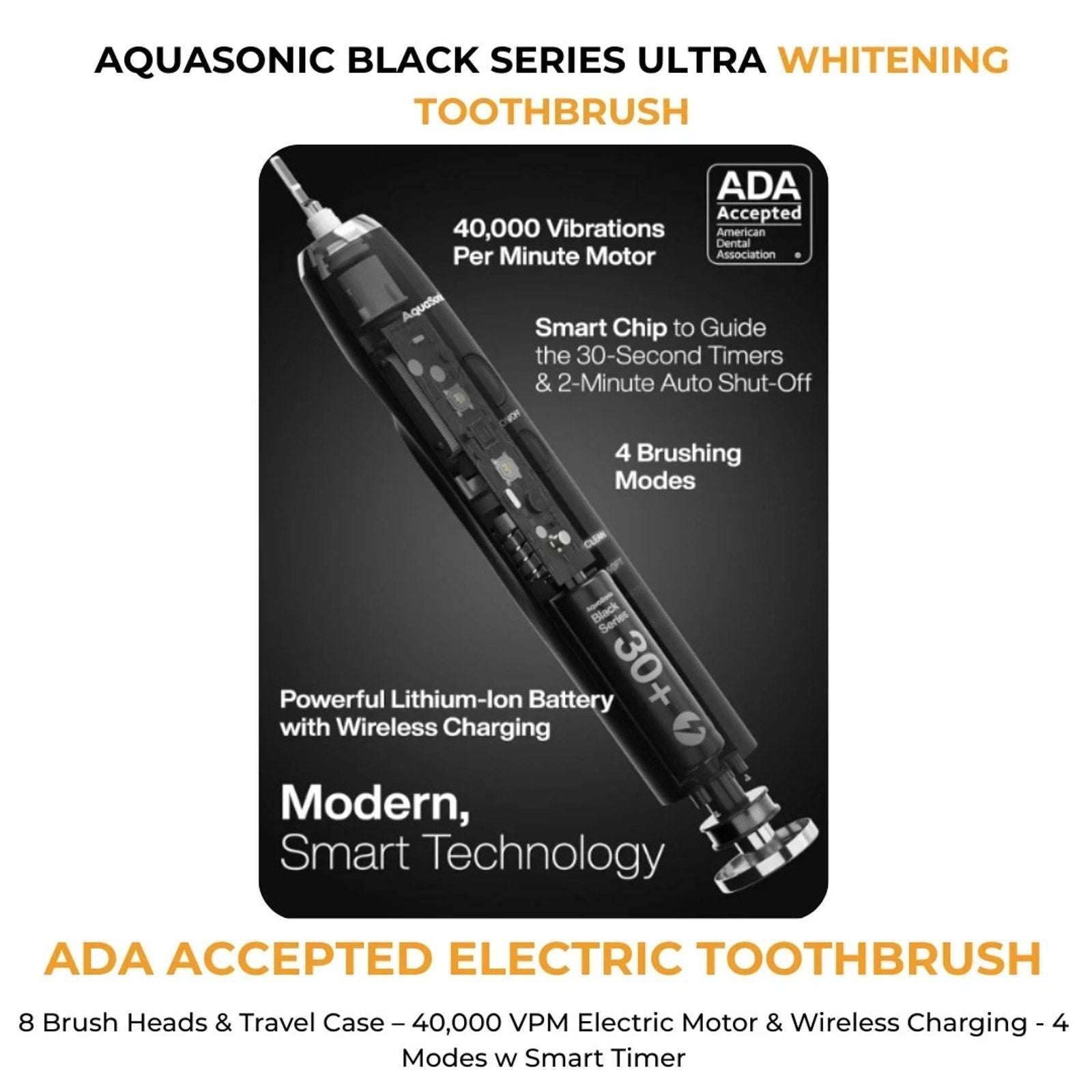 Aquasonic Black Series Electric Toothbrush Ultra Whitening + Case, 8 Heads ADA
