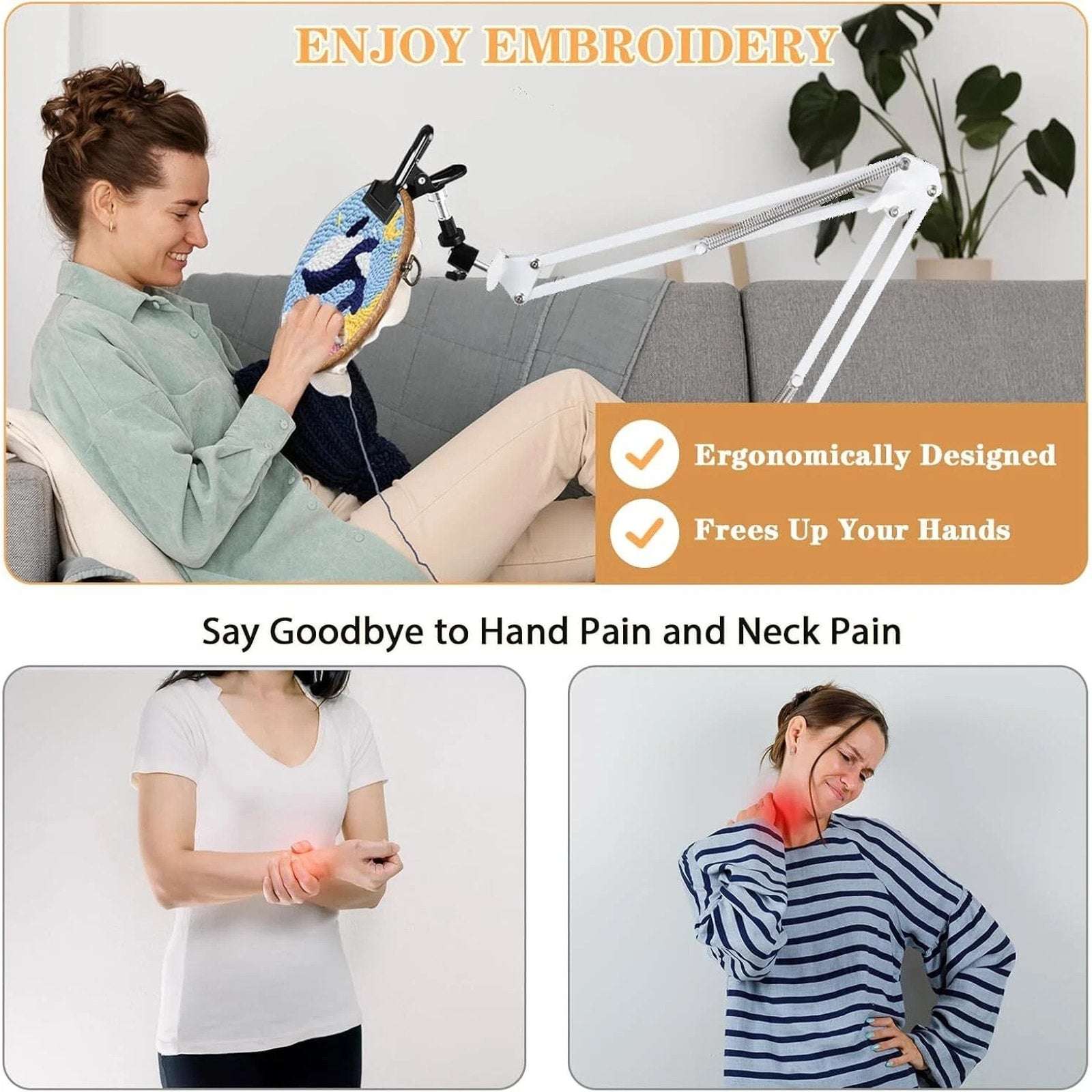 Embroidery Hoops Floor Stand Holder, 360° Rotate Hands Free + Phone Holder White