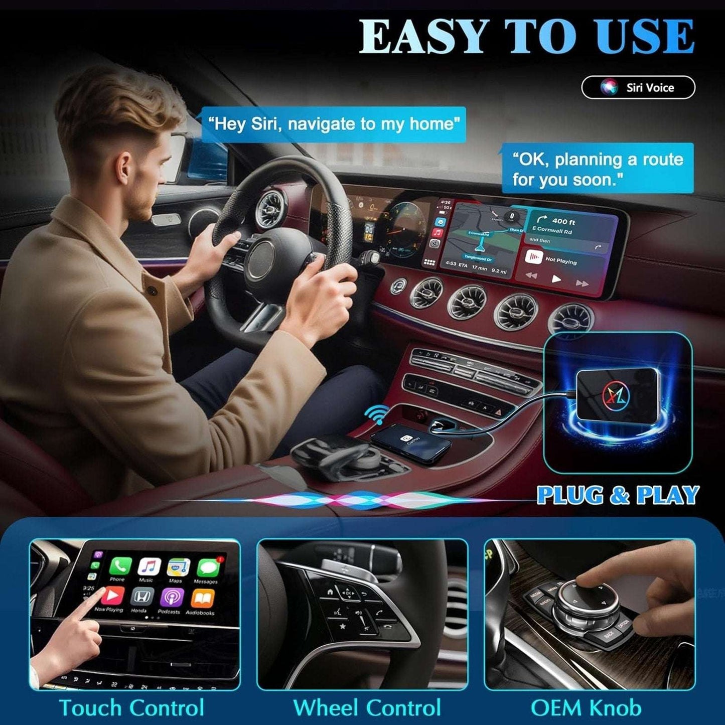 AI Wireless CarPlay Android Auto Streaming Adapter Plug & Play 4GB RAM+32GB ROM