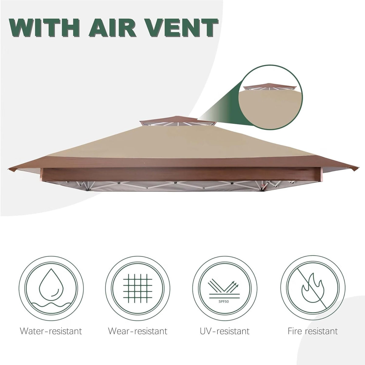 12x12 Gazebo Canopy Top Replacement Cover 2Tier UV Block Waterproof Beige Brown