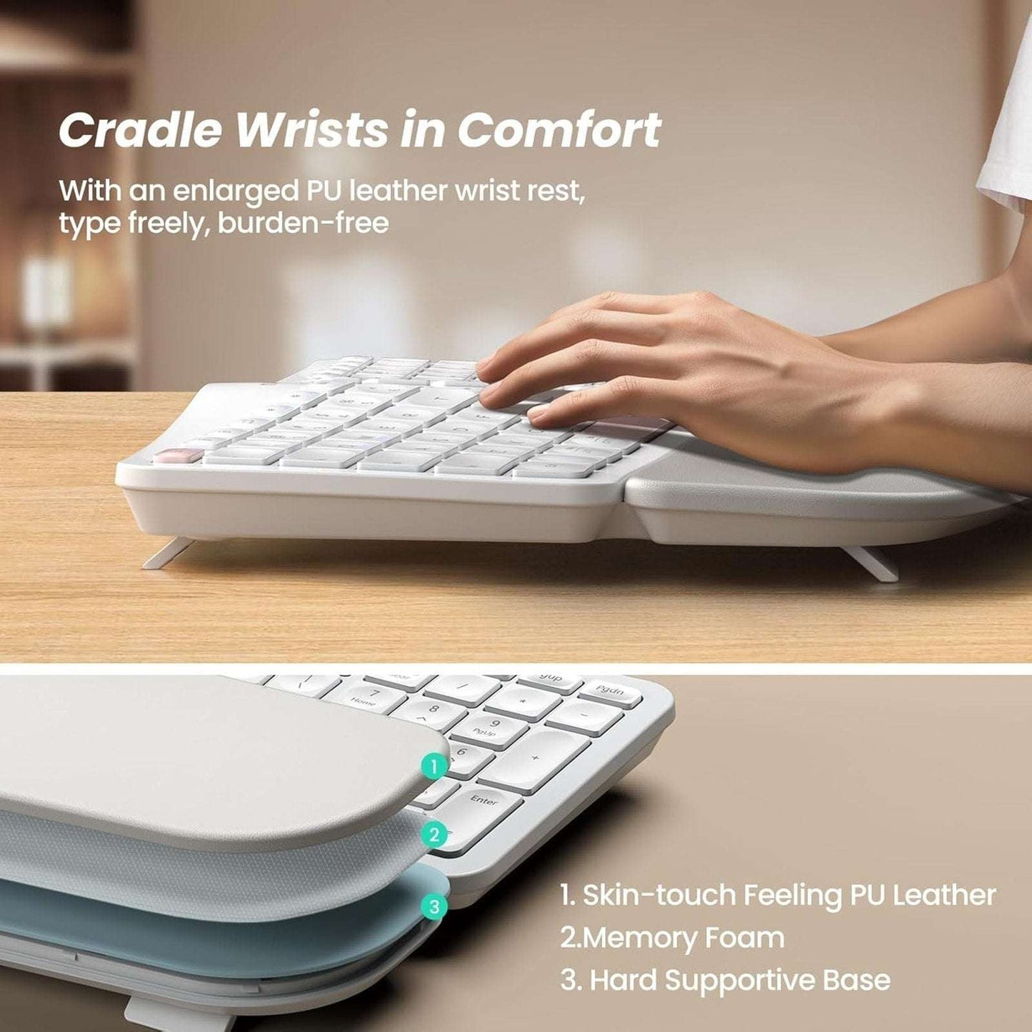 Nulea RT05B Wireless Ergonomic Split Keyboard w/ Cushioned Wrist Support - White