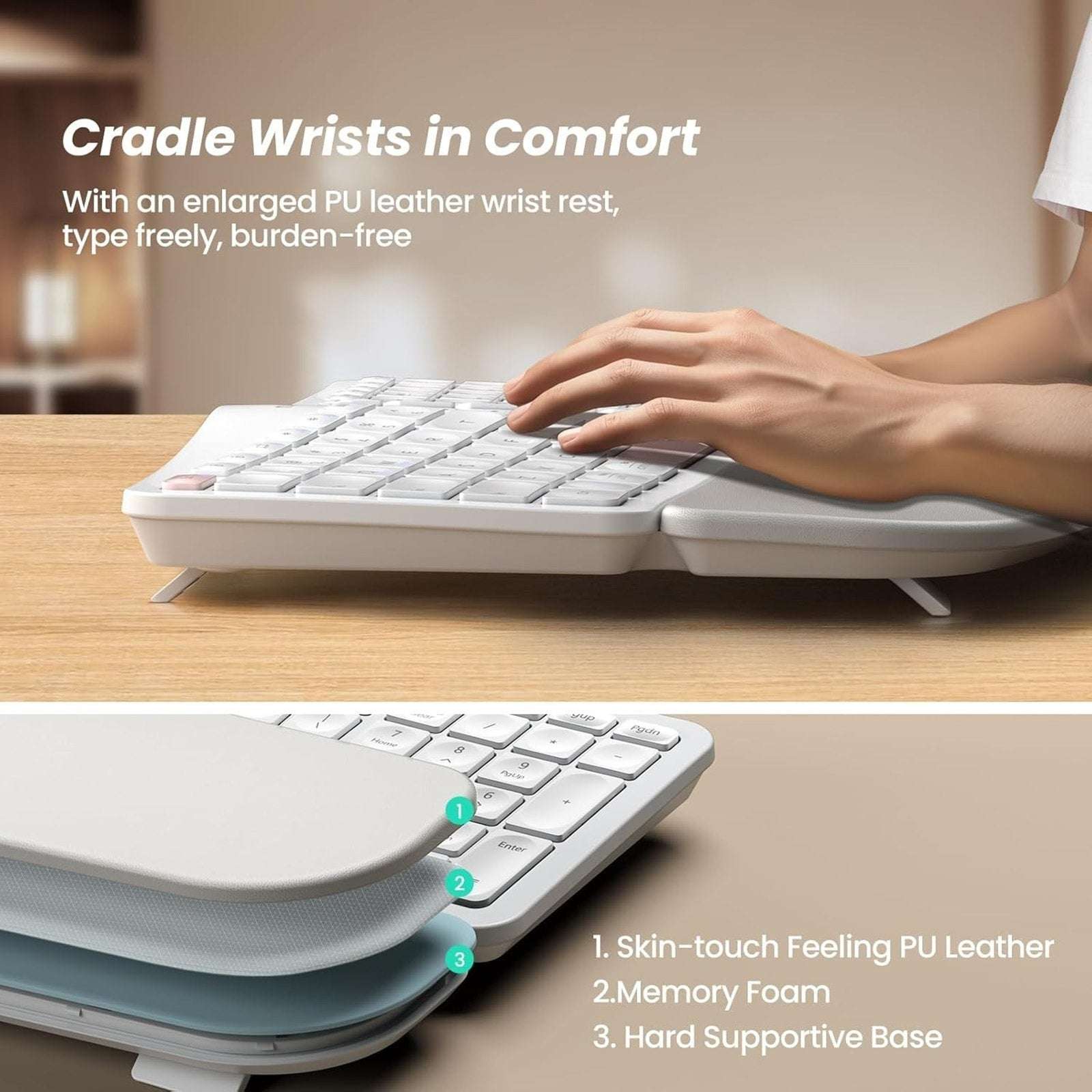 Nulea RT05B Wireless Ergonomic Split Keyboard w/ Cushioned Wrist Support - White