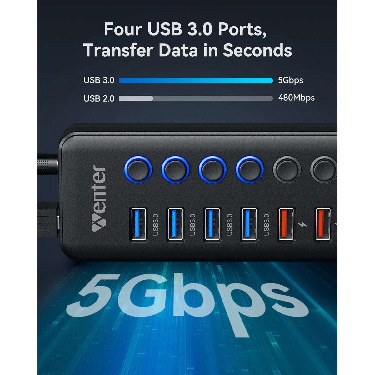 8-Port USB Hub Splitter 4 USB 3.0 Data Ports 4 Smart Charging Ports Ind Switches