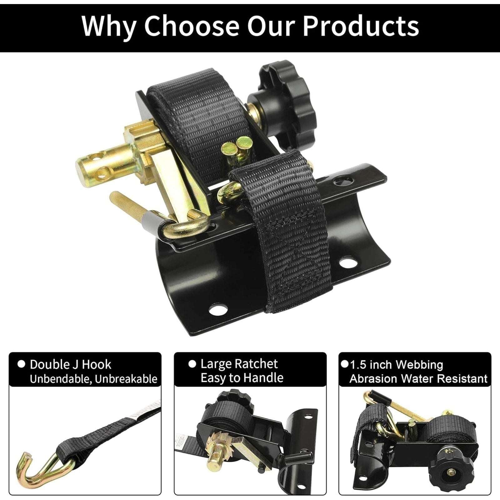 Ladder Rack Ratchet Straps w/ Double J-Hook 1.5" x 7.5' For 2" Round Tube Mount