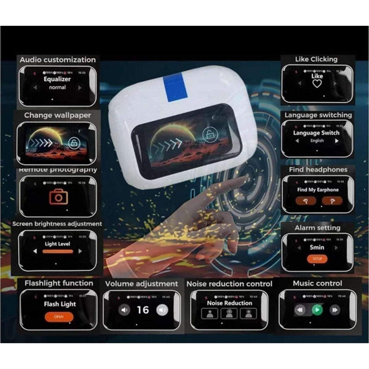 ANC/ENC Double Dark Noise Reduction Wireless Earbuds, Pro 2Y Touch Screen -NEW!