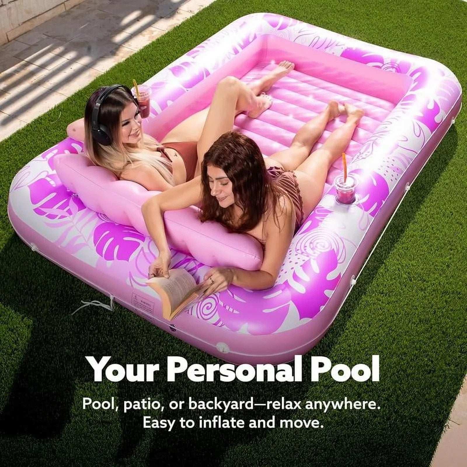 XL Inflatable Tanning Pool Lounger Float 85"X 57" 2 Adults 2 Cup Holders Pillow