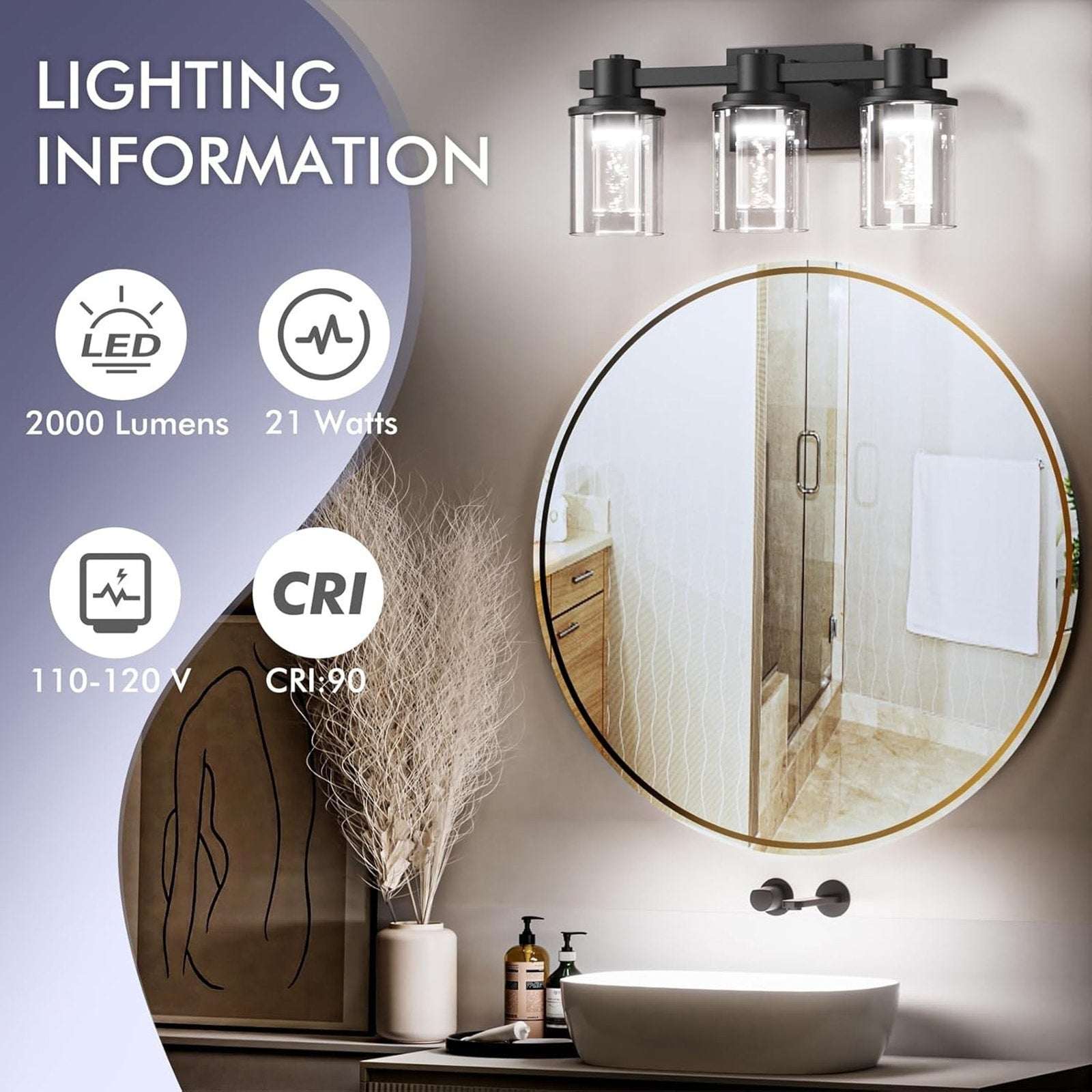Bathroom Vanity Light Fixture 3-Light Dimmable Black, Crystal with Bubble Bulbs