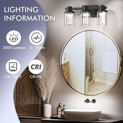 Bathroom Vanity Light Fixture 3-Light Dimmable Black, Crystal with Bubble Bulbs