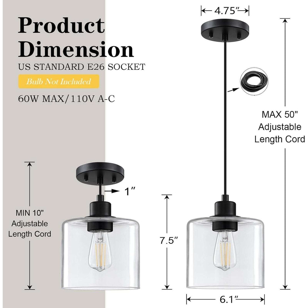 2Pk Vintage 1-Light Clear Blown Glass Pendant Classic Farmhouse Hanging Lights