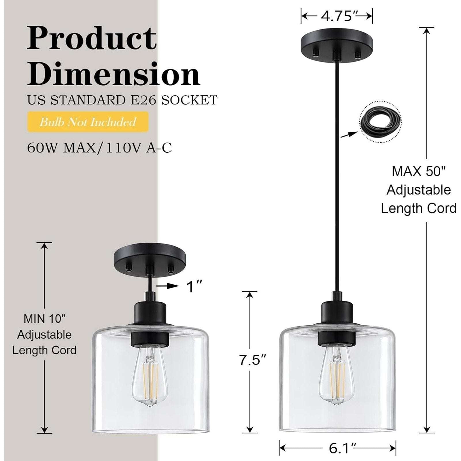 2Pk Vintage 1-Light Clear Blown Glass Pendant Classic Farmhouse Hanging Lights