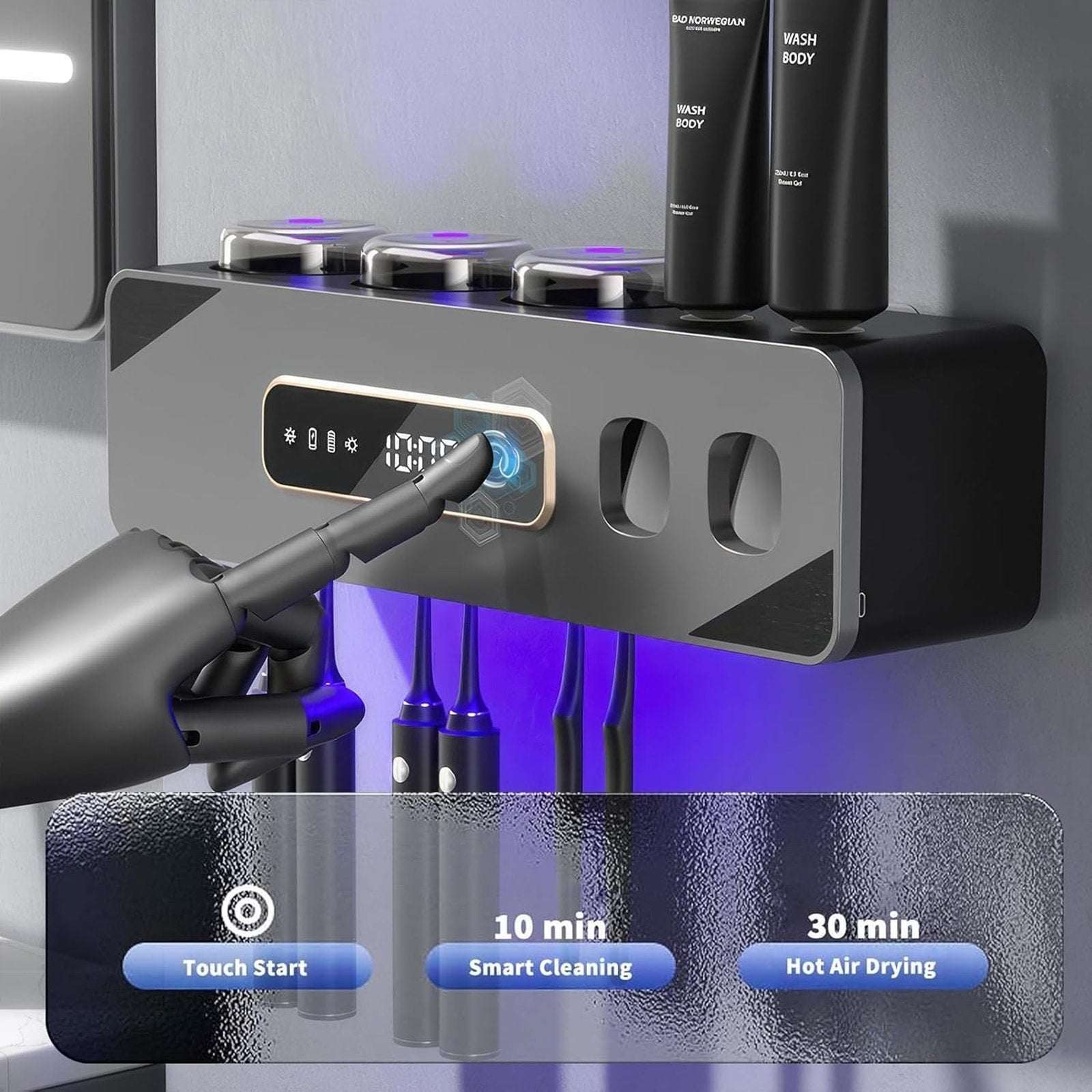 Smart 6 Toothbrush Holder Cleaner Sterilizer & Dryer w Dual Toothpaste Dispenser