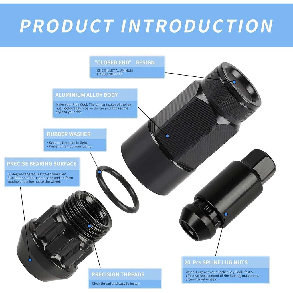 20PC Steel Anti-Theft Spline Closed End Lug Nuts M12X1.5 +Socket Black Wheel Rim