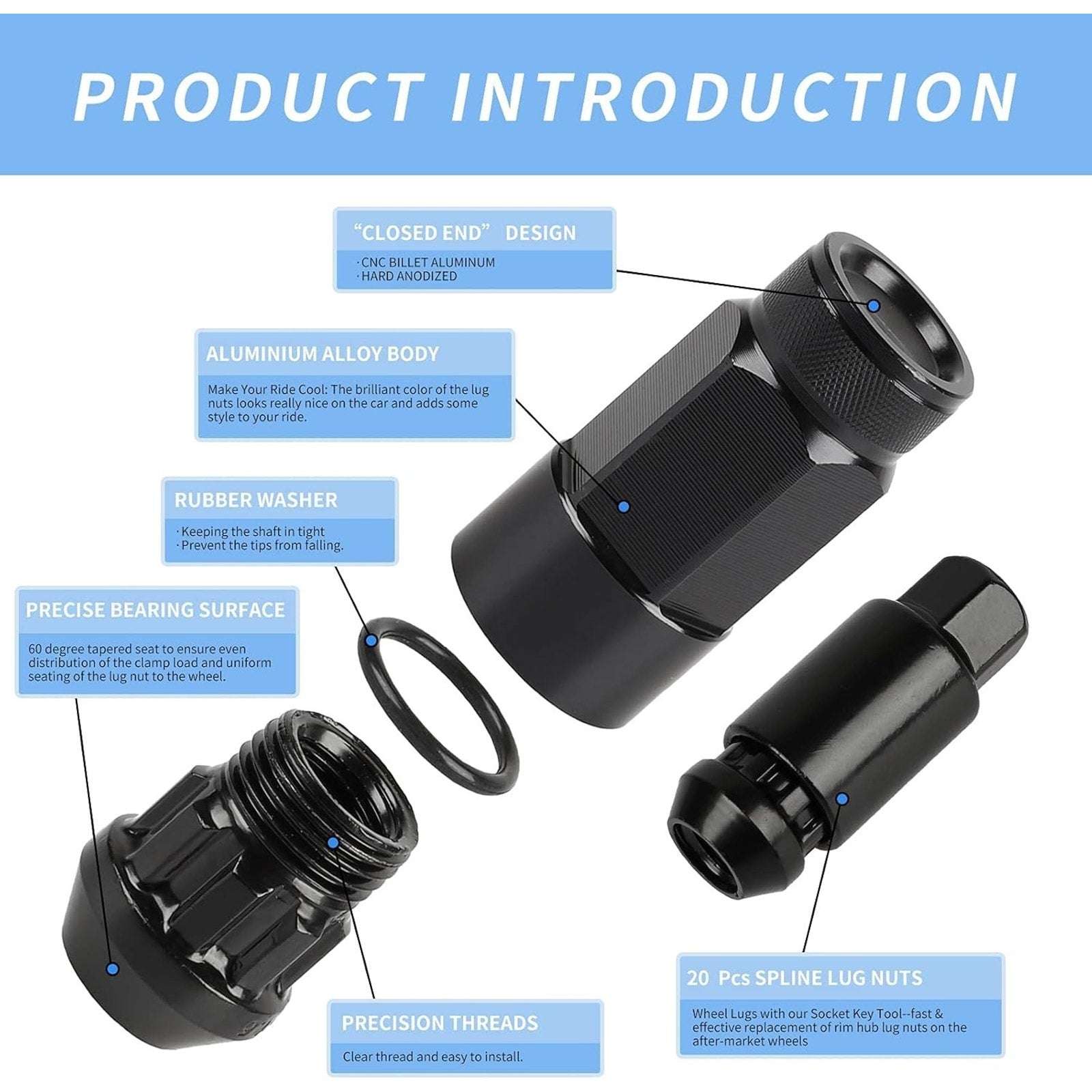 20PC Steel Anti-Theft Spline Closed End Lug Nuts M12X1.5 +Socket Black Wheel Rim