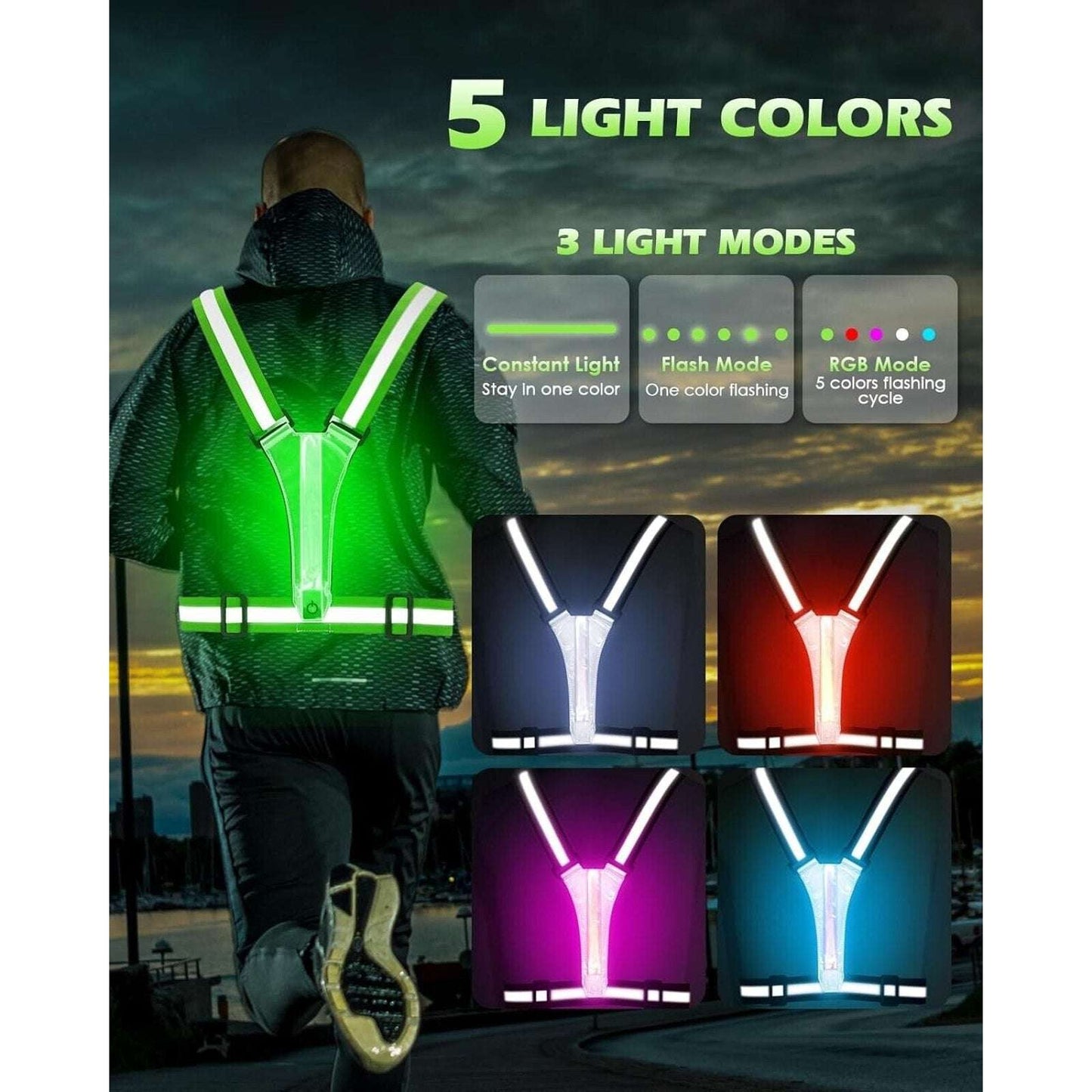 ZACRO LED Reflective Light Up Vest Running Cycling Gear, Rechargeable, 5 Colors