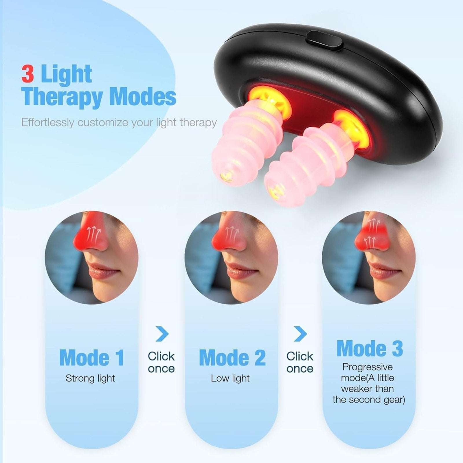 Red Light Nasal Therapy Device, 3 Modes Rechargeable for Dry Nose, Colds & Sinus
