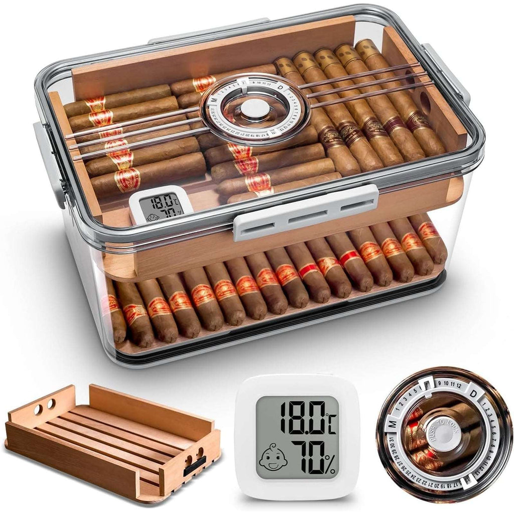 100 Cigar Humidor Clear Acrylic Spanish Cedar Shelf Age Dial Digital Hygrometer
