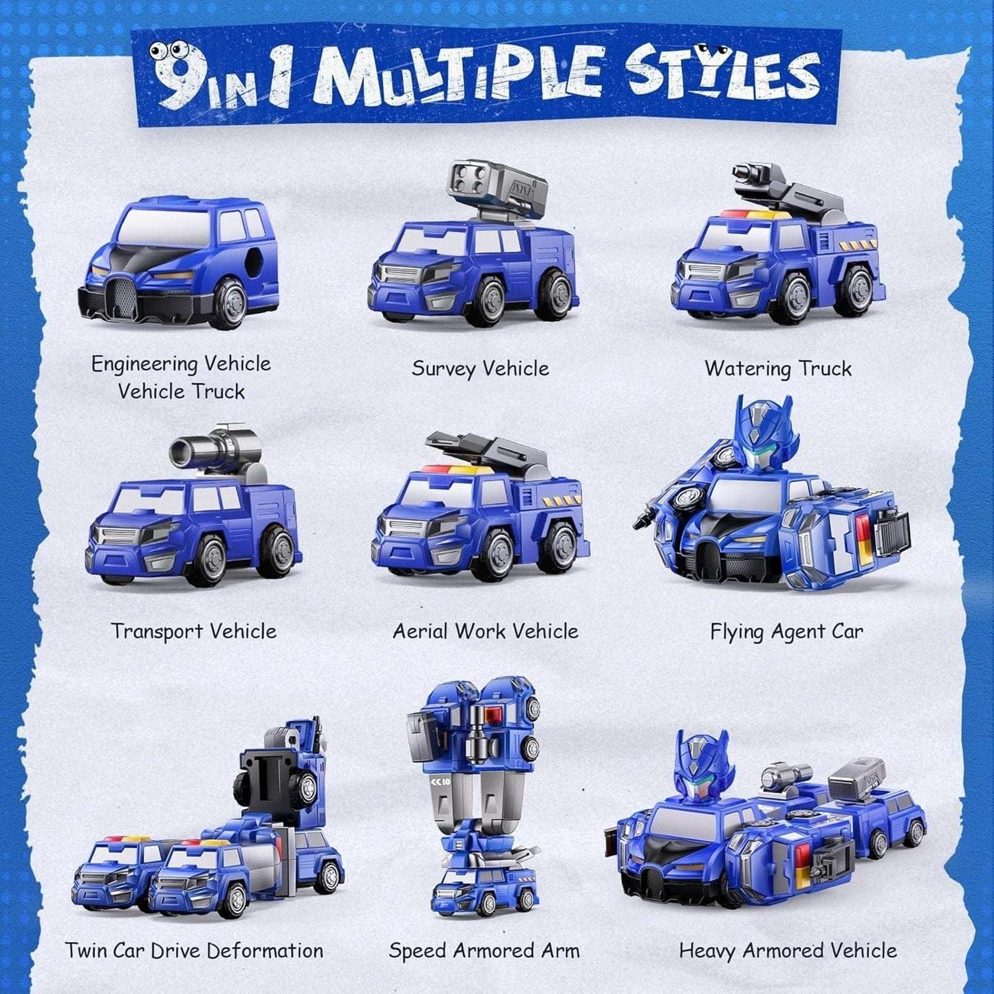 5-in-1 Magnetic Transforming Police Trucks Cars Robot Toys Easy DIY STEM