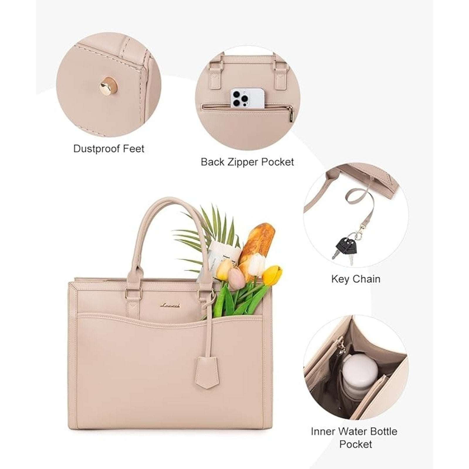 LOVEVOOK Laptop Tote Bag for Women Work, 15.6" Computer Briefcase Apricot/Beige