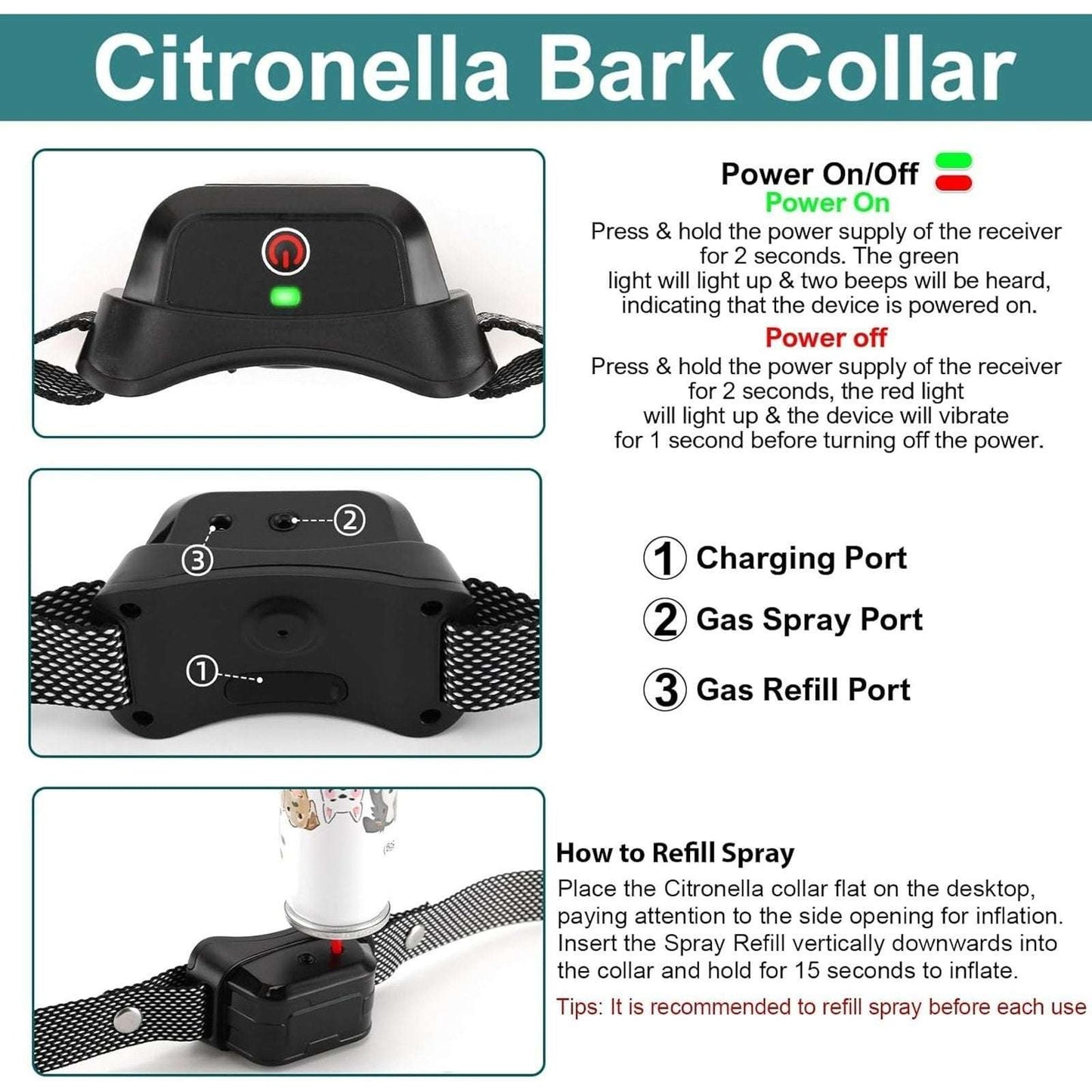 Citronella Spray Training Dog Collar Rechargeable Waterproof + 1 Spray Refill