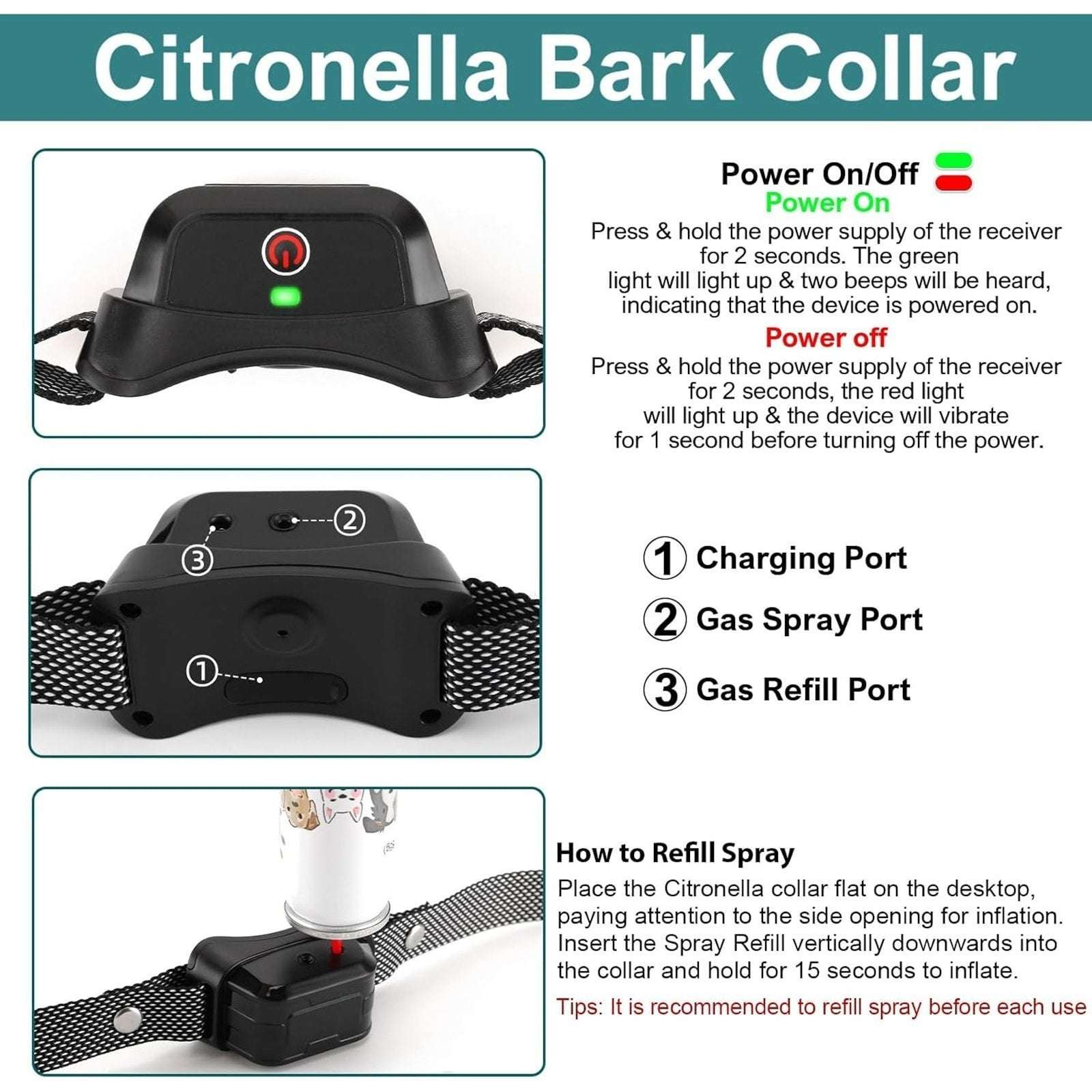 Citronella Spray Training Dog Collar Rechargeable Waterproof + 1 Spray Refill