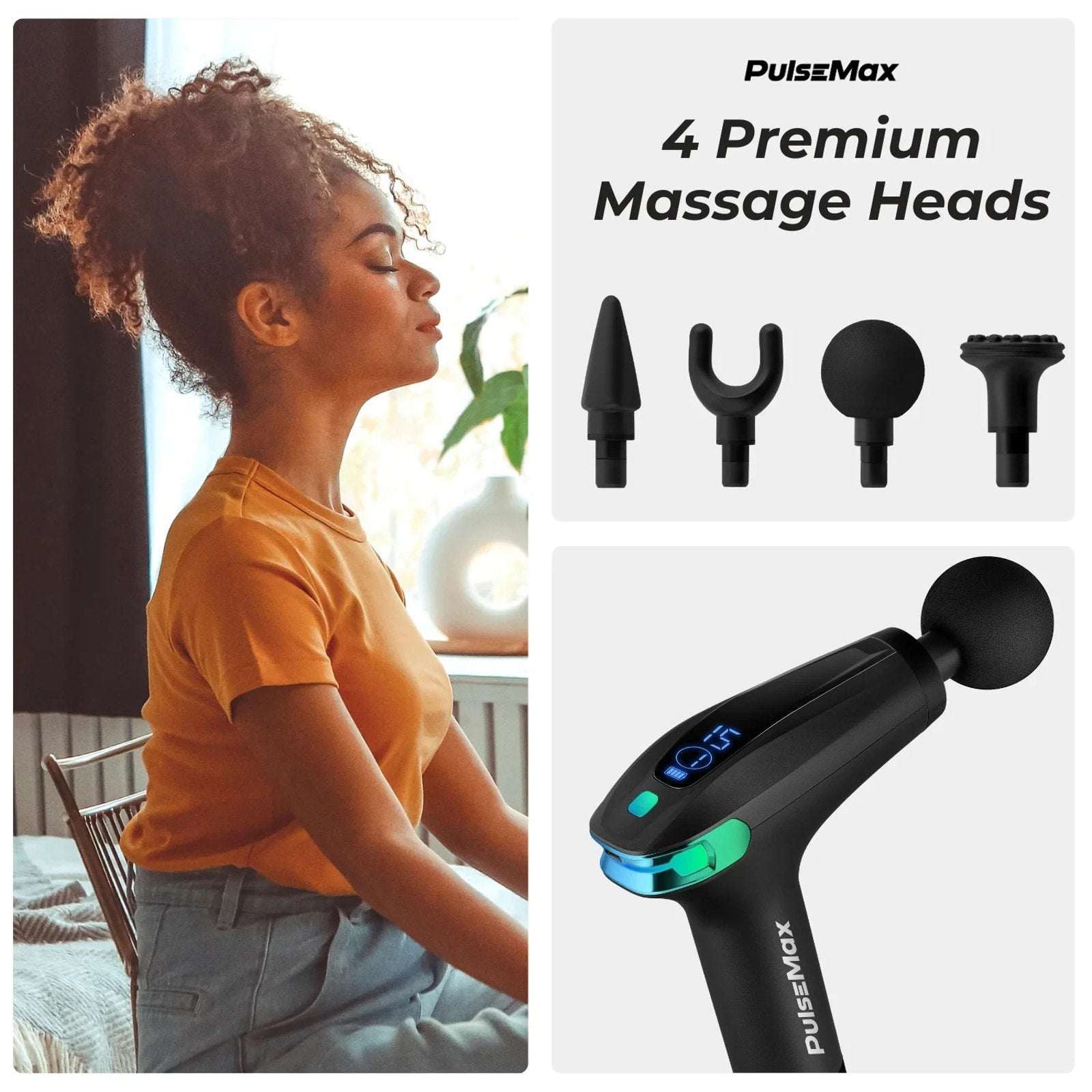 ReATHLETE PulseMax Portable Deep Tissue Massage Gun Extended Reach 8Gears/4Heads
