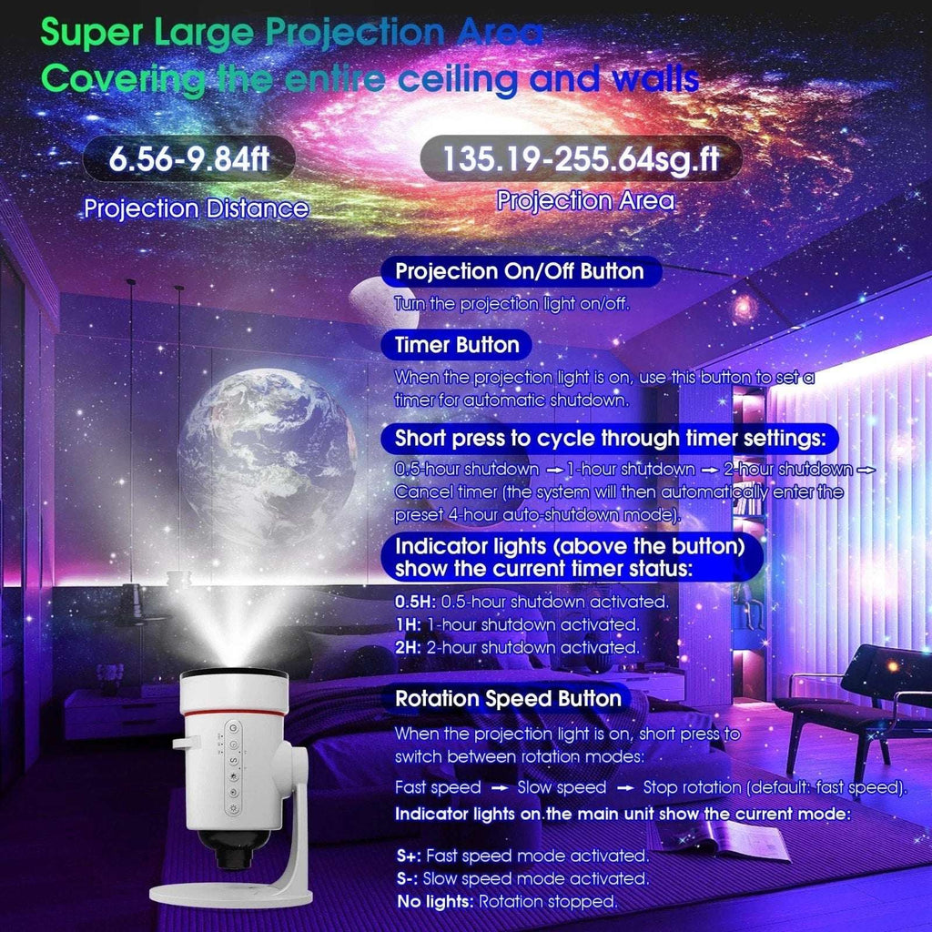 4K HD Galaxy Star Projector with 10 Slides, 360° Rotation, Timer & 8 LED Colors