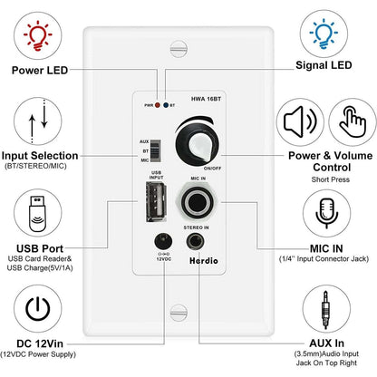 Herdio Bluetooth Wall Amplifier 4 Channel Volume Control USB MIC AUX(3.5mm)
