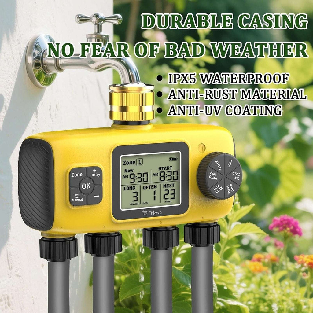 4-Zone Programmable Digital Smart Water Timer w/ Brass Inlet, Rain Delay, Anti-R
