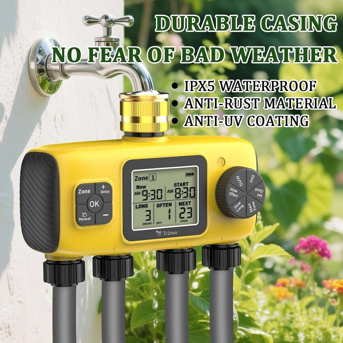4-Zone Programmable Digital Smart Water Timer w/ Brass Inlet, Rain Delay, Anti-R