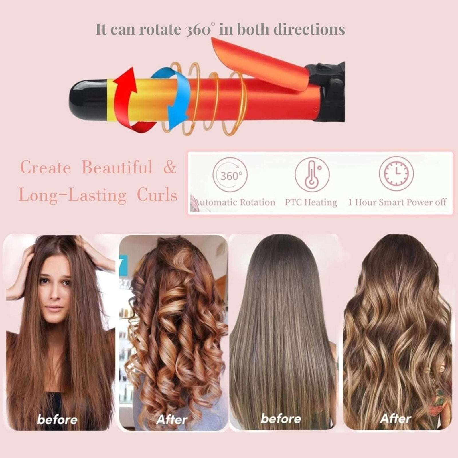 Automatic Rotating Curling Iron 28mm/1.1 Inch Professional Wand Waver White/Gold
