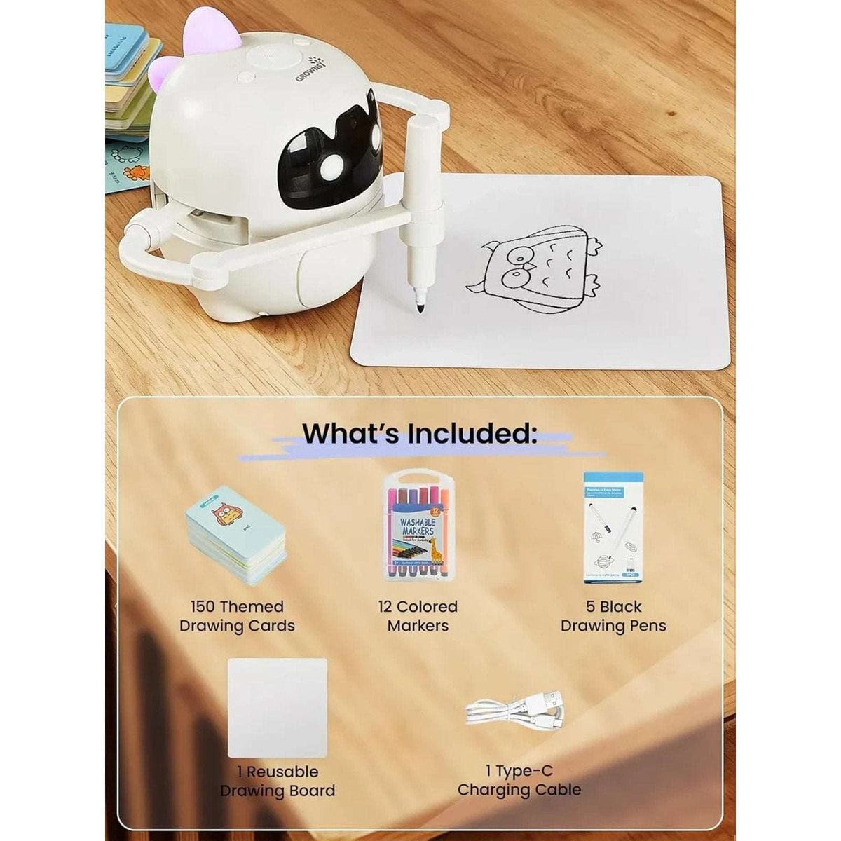 Smart Drawing Robot for Kids w/ 150 Cards, Lights & Voice Guide Educational Art