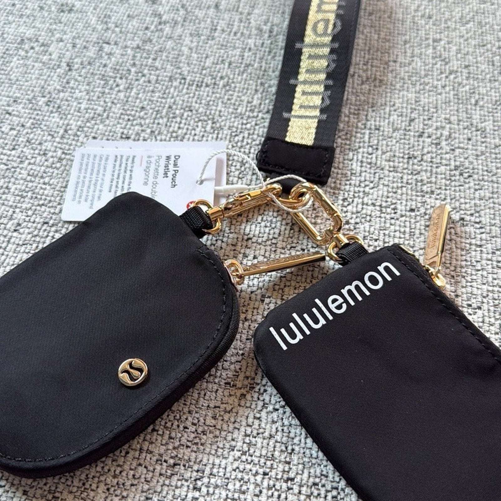 Lululemon Dual Pouch Wristlet Wallet Keychain Wordmark - Black and Gold