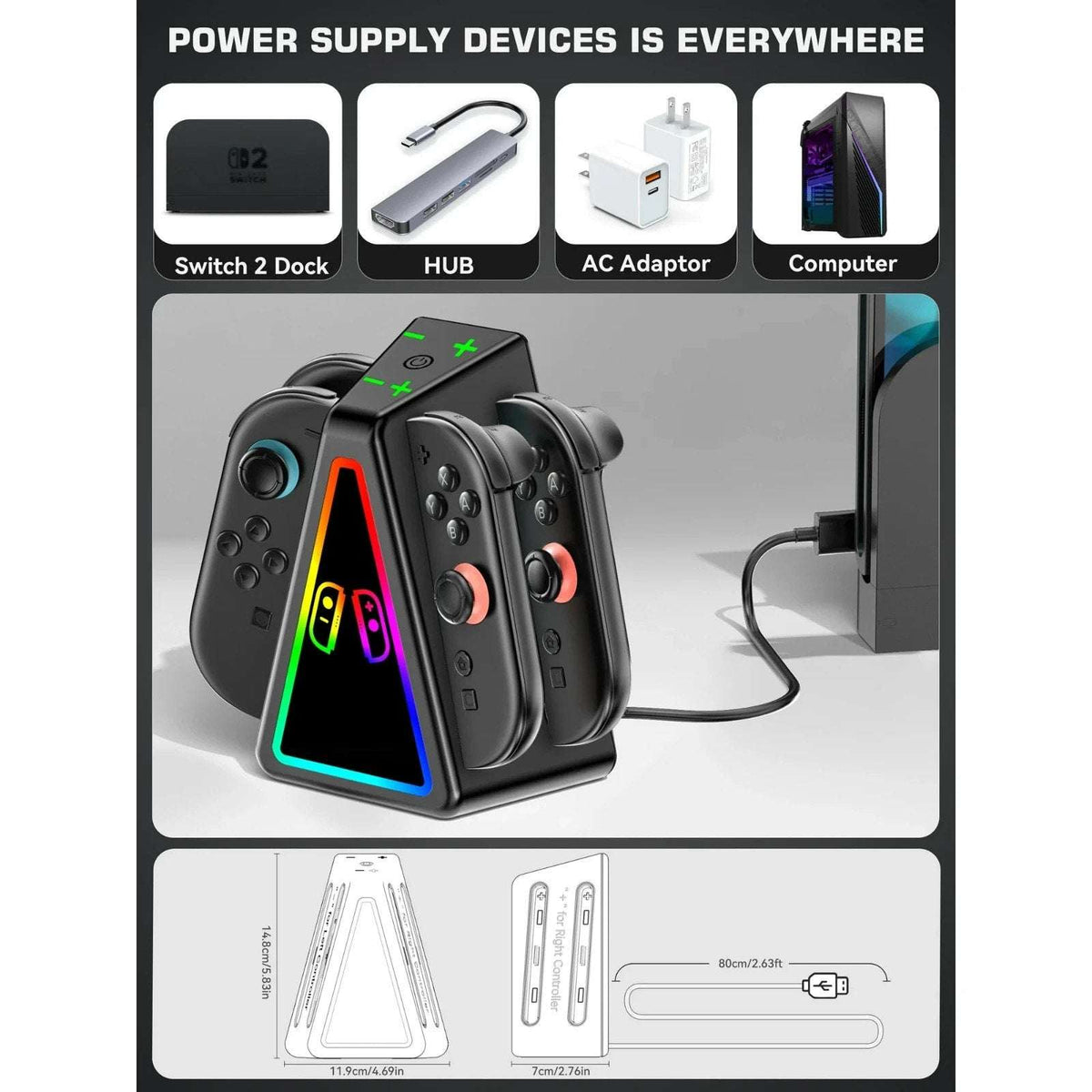 for Nintendo Switch 2 RGB Magnetic Charging Dock - 4 Joy-Con Controllers Charger