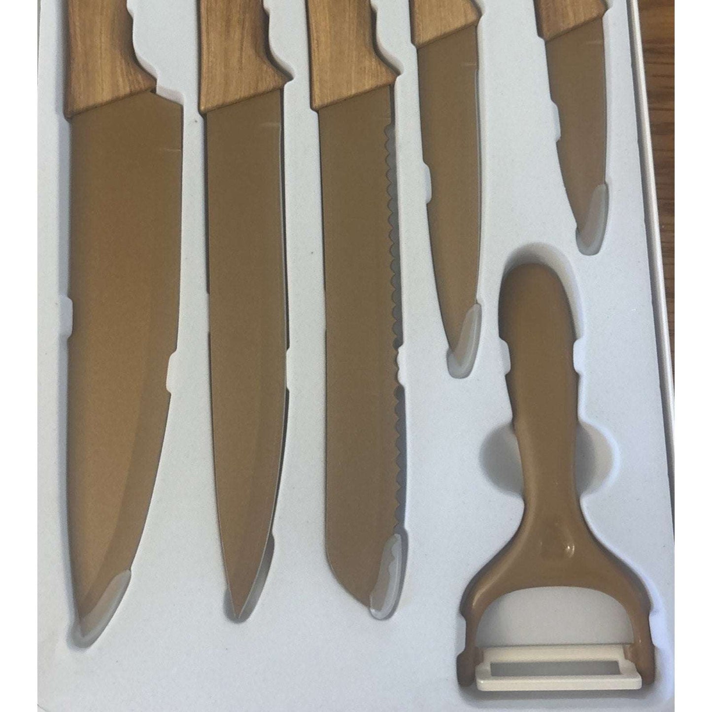 6Pc Culinary Knife Set Gold Straight Non Stick & Anti-Slip Soft Grip Wood Handle