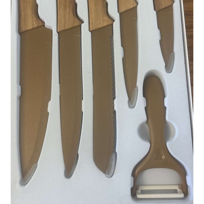6Pc Culinary Knife Set Gold Straight Non Stick & Anti-Slip Soft Grip Wood Handle
