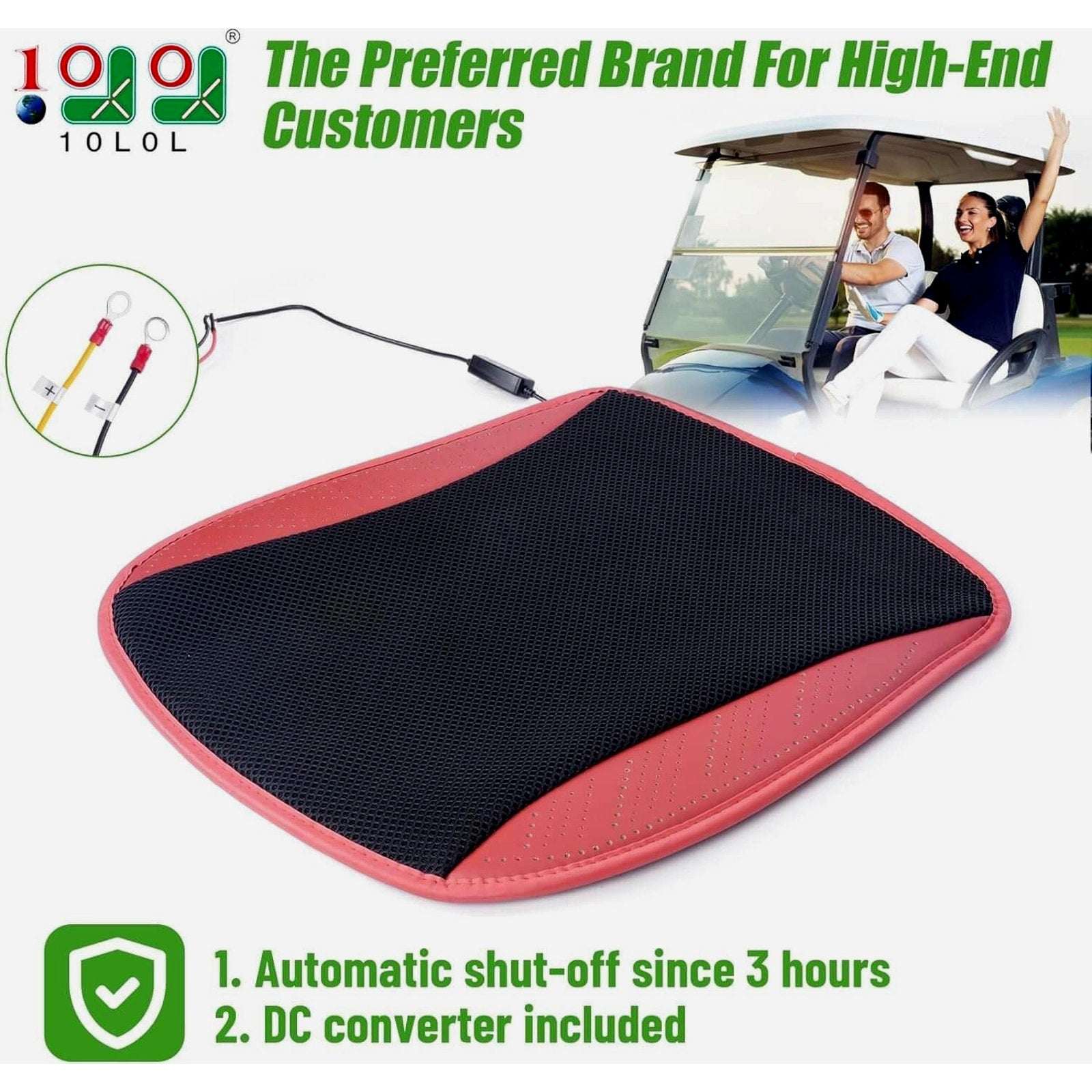 10L0L Universal Golf Cart Heated Seat Cushion 3 Heat Levels & Auto-Off Black/Red