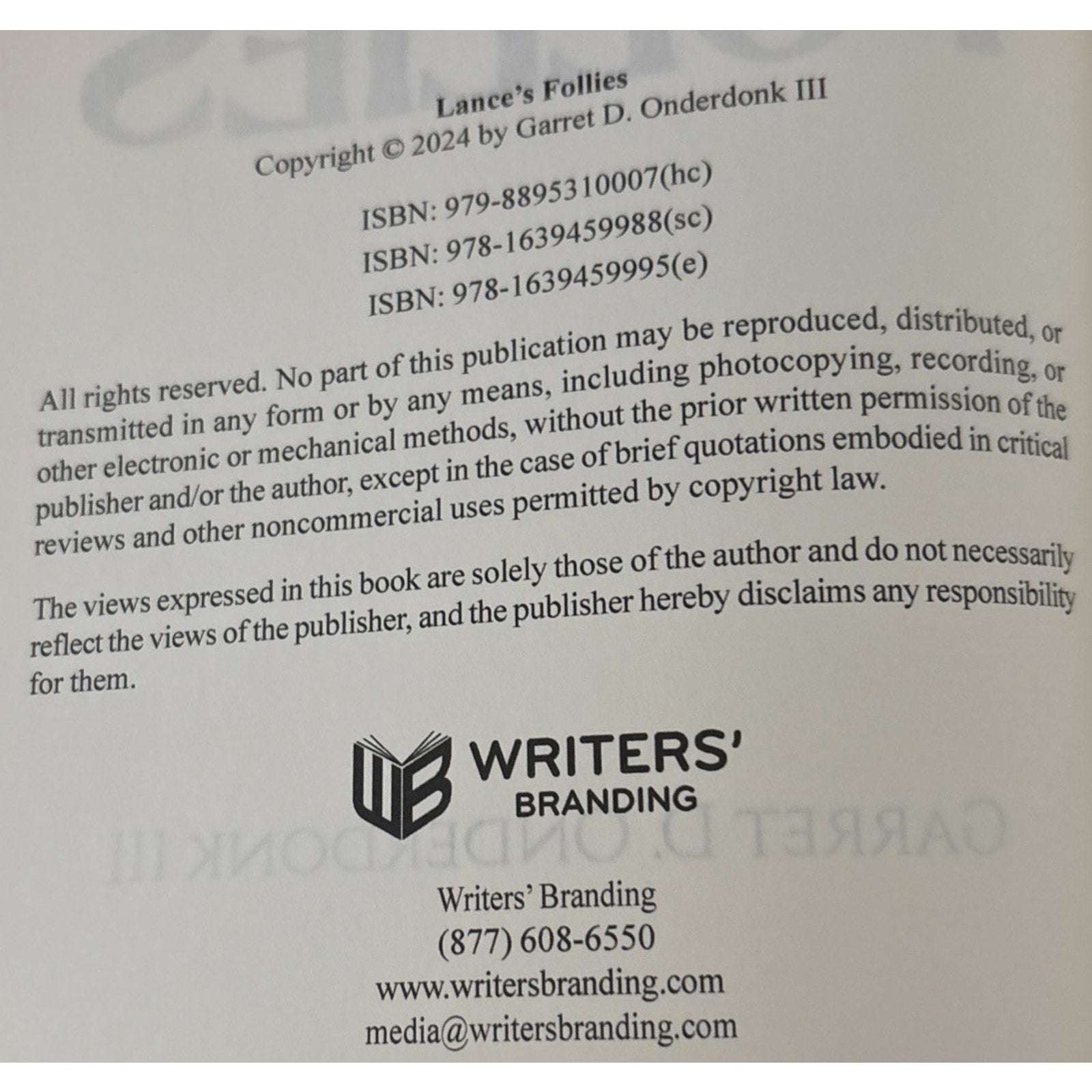 Lance's Follies by Garret D. Onderdonk, III Hardcover Book